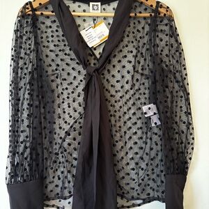 Anne Klein Black Sheer Polka Dot Blouse with Tie Neck